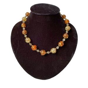 Murano Like Blown Glass Beaded Necklace Amber Yellow Clear Beads - 19 inches